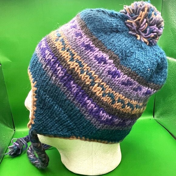 Gypsy Rose Handmade Knit Beanie Hat Chullo Fleece Lined Pom Braids Peruvian Boho - Picture 8 of 11